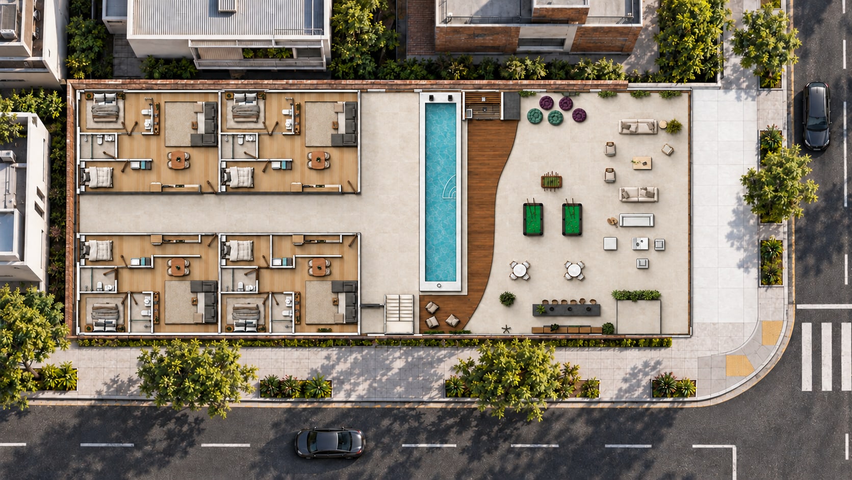 Nivel 2 · apartamentos, piscina y área social